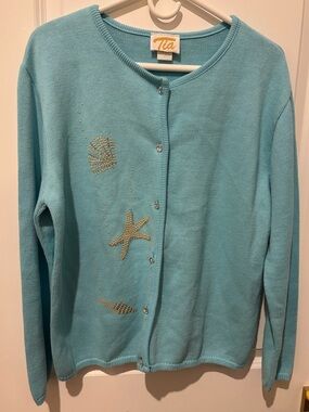Vintage Tia Designs turquoise knit cardigan sweater beaded starfish seashells L